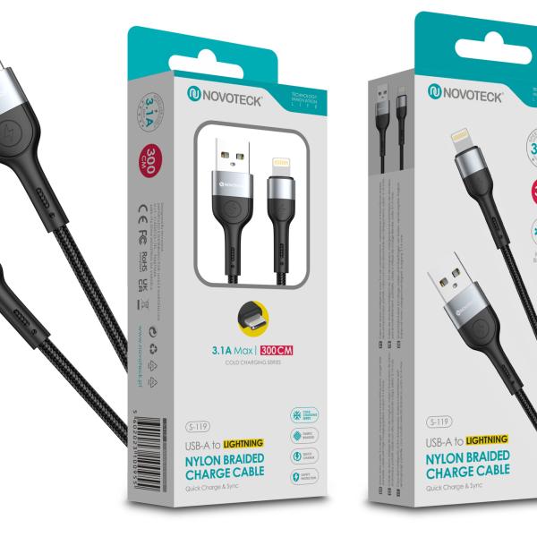 Cabo Lightning NOVOTECK S - 119 - Nylon Trançado, 3.1A, 300cm,Negro