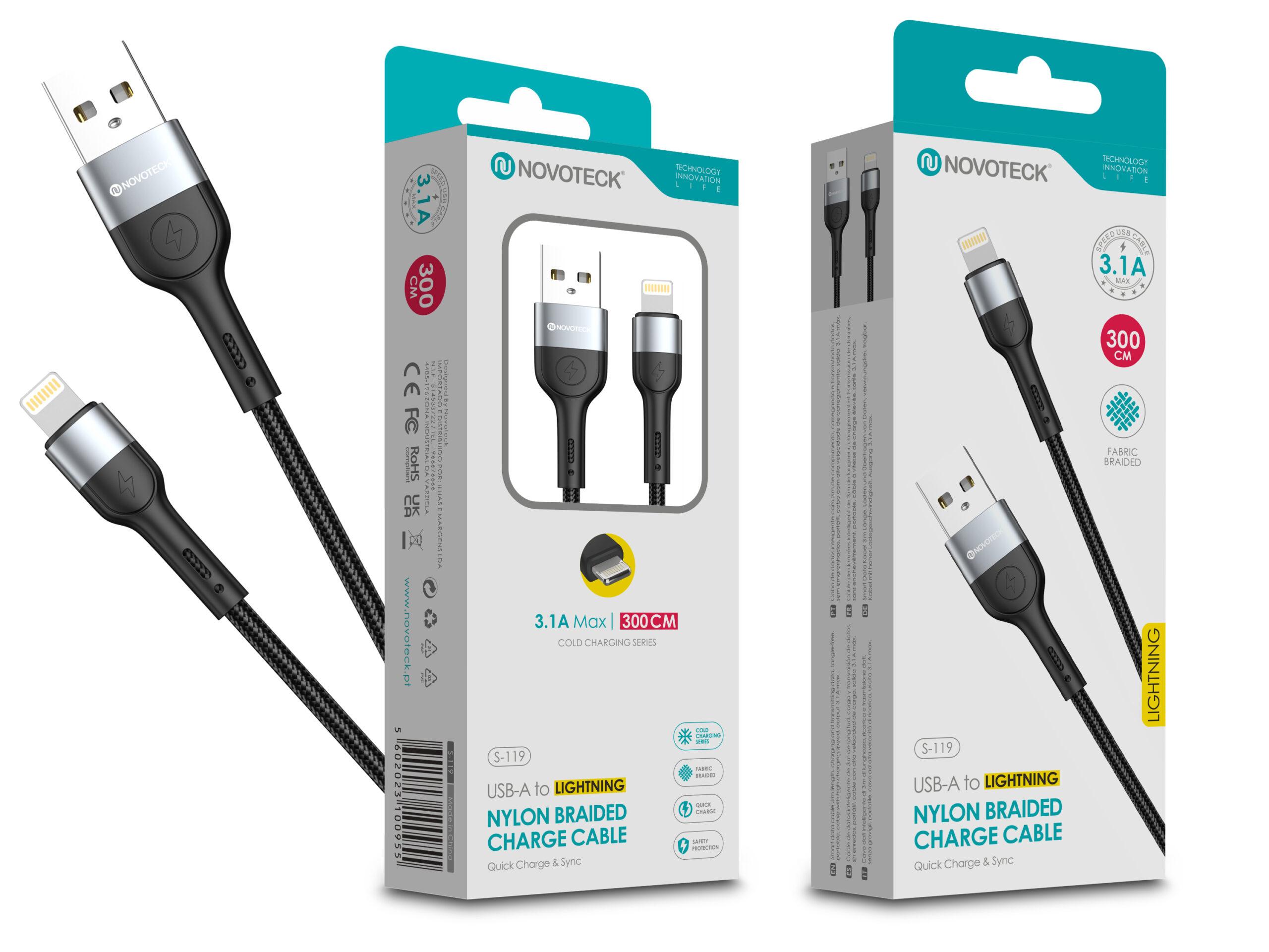 Cabo Lightning NOVOTECK S - 119 - Nylon Trançado, 3.1A, 300cm,Negro