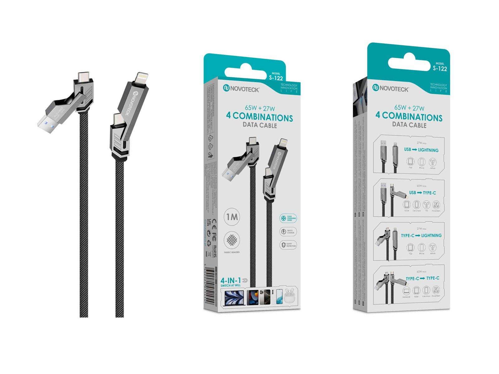 Cabo de Dados 4 em 1 S-122 – USB & Type-C para Lightning e Type-C, 65W+27W, 1M