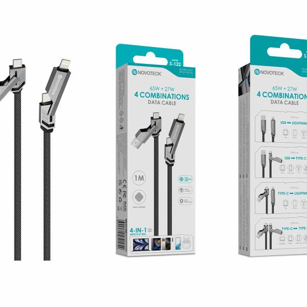 Cabo de Dados 4 em 1 S-122 – USB & Type-C para Lightning e Type-C, 65W+27W, 1M