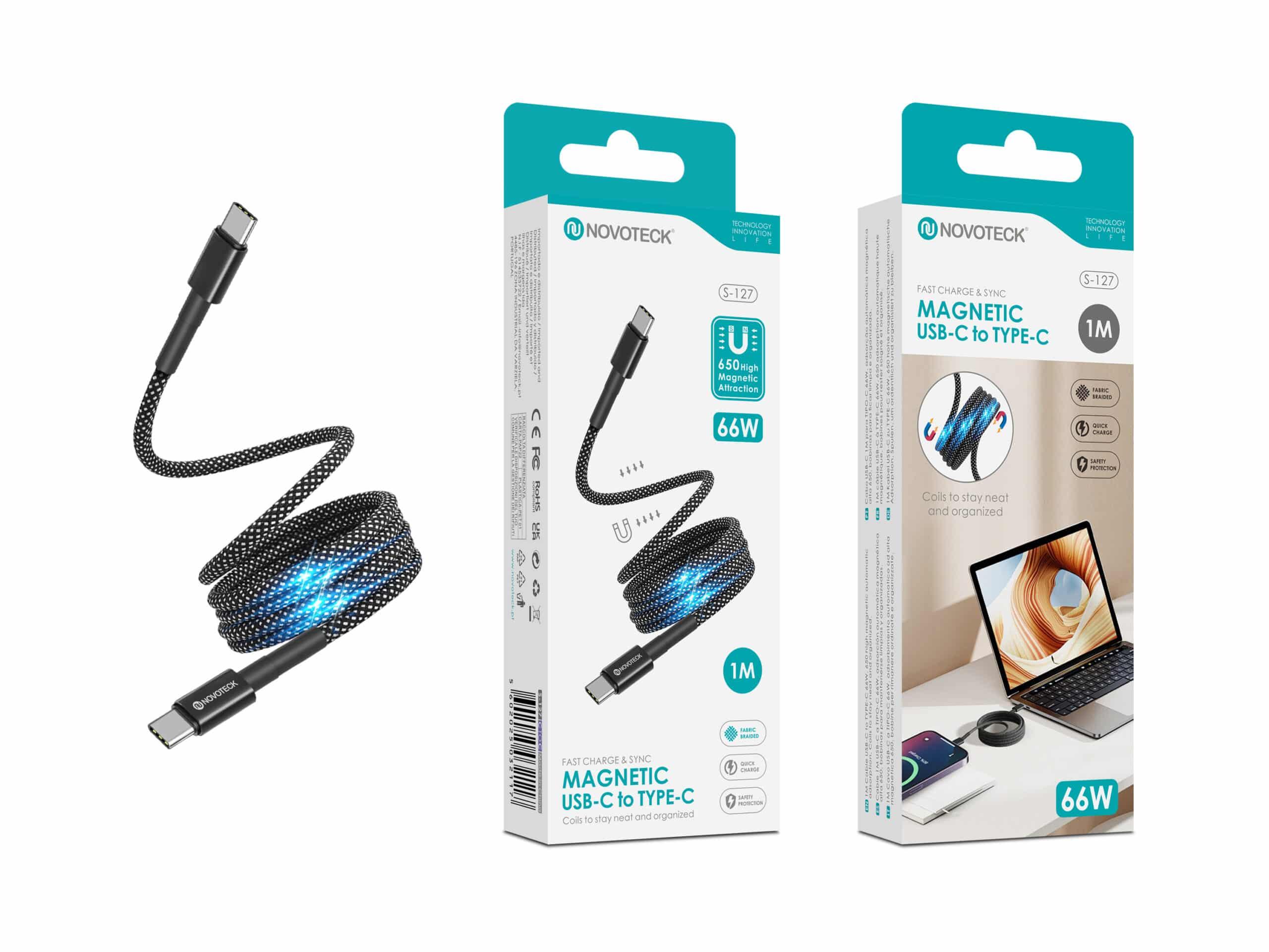Cabo Magnético USB - C para USB - C Novoteck S - 127 – 66W, 1 Metro, Revestimento em Nylon, Organizador em Espiral, Alta Velocidade