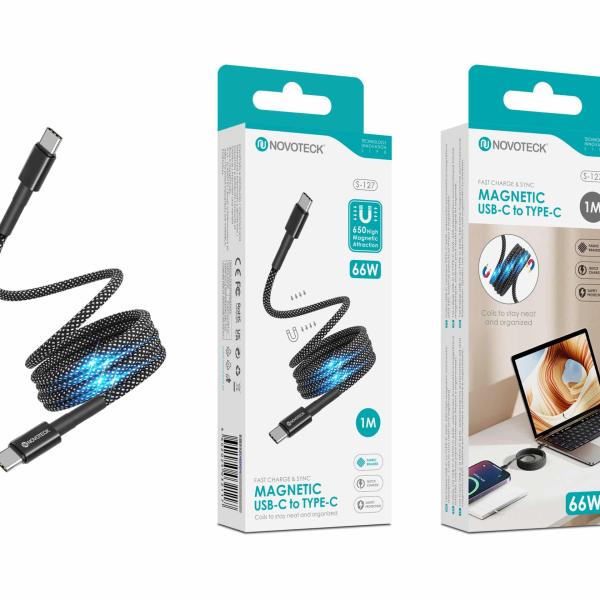 Cabo Magnético USB - C para USB - C Novoteck S - 127 – 66W, 1 Metro, Revestimento em Nylon, Organizador em Espiral, Alta Velocidade