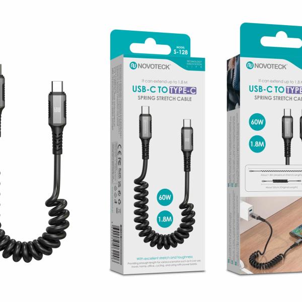 Cabo USB - C para USB - C Espiral Novoteck S - 128 – 1.8M Extensível, 60W Power Delivery, Design Retrátil Tipo Mola