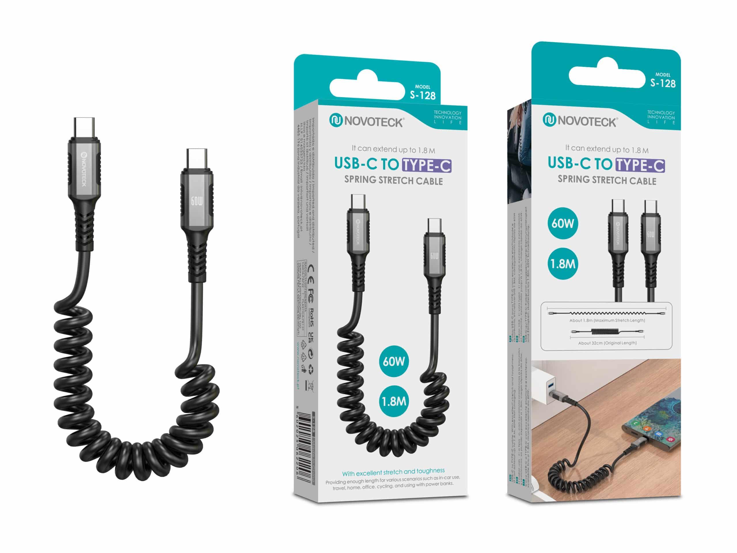 Cabo USB - C para USB - C Espiral Novoteck S - 128 – 1.8M Extensível, 60W Power Delivery, Design Retrátil Tipo Mola