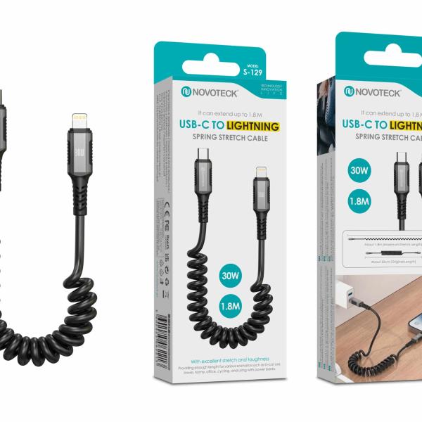 Cabo USB - C para Lightning Espiral Novoteck S - 129 – 1.8M Extensível, 30W Power Delivery, Design Retrátil para iPhone e iPad