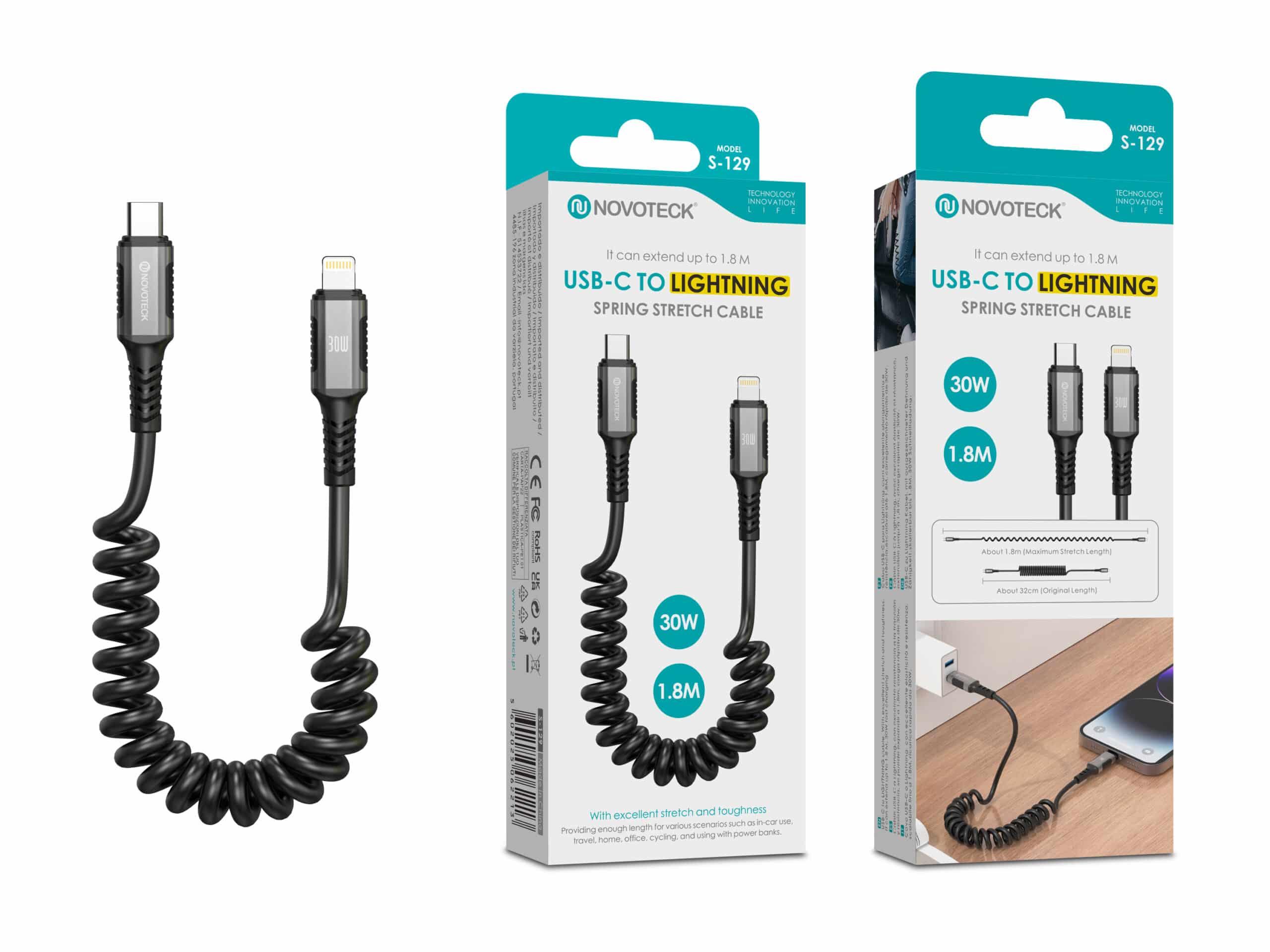 Cabo USB - C para Lightning Espiral Novoteck S - 129 – 1.8M Extensível, 30W Power Delivery, Design Retrátil para iPhone e iPad