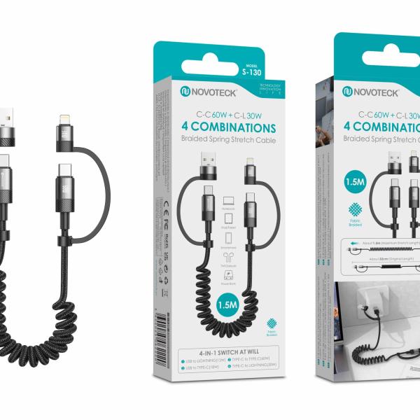 Cabo Retrátil 4 em 1 Novoteck S - 130 – USB/USB - C para Lightning/USB - C, Espiral de 1.5M, Carga Rápida 60W/30W, Revestido em Tecido
