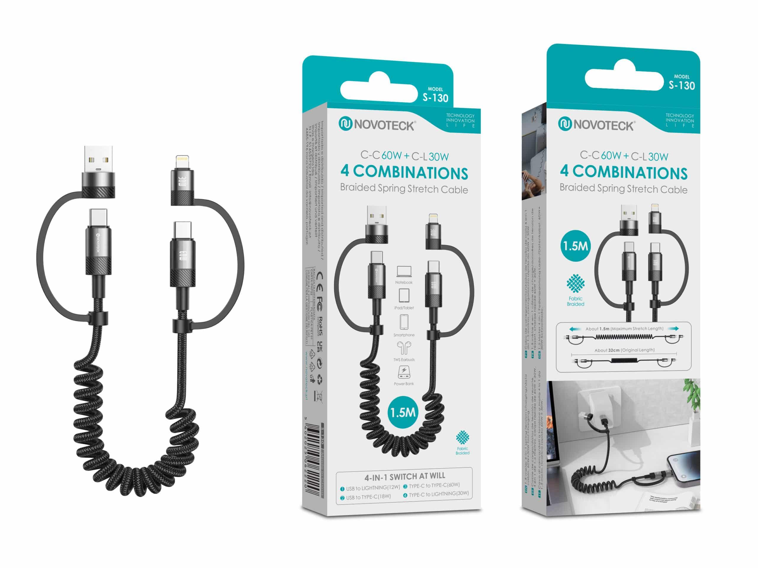Cabo Retrátil 4 em 1 Novoteck S - 130 – USB/USB - C para Lightning/USB - C, Espiral de 1.5M, Carga Rápida 60W/30W, Revestido em Tecido