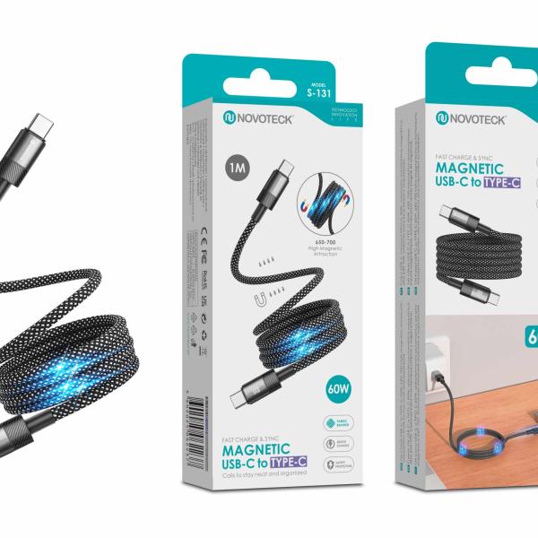 Cabo Magnético USB - C para USB - C Novoteck S - 131 – 60W, 1 Metro, Organização Automática, Revestimento em Tecido, Alta Atração Magnética (650 – 700 Gauss)