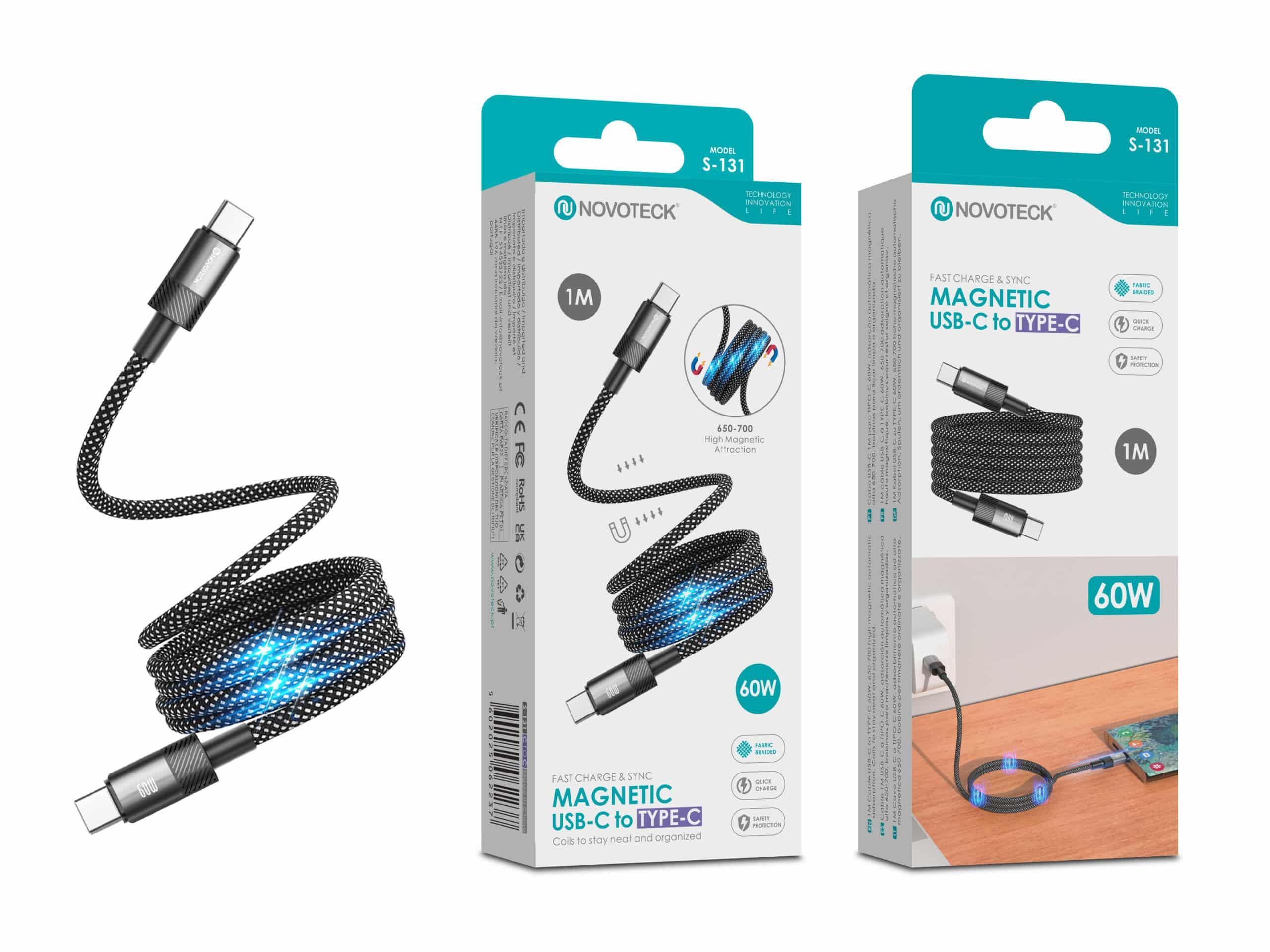 Cabo Magnético USB - C para USB - C Novoteck S - 131 – 60W, 1 Metro, Organização Automática, Revestimento em Tecido, Alta Atração Magnética (650 – 700 Gauss)