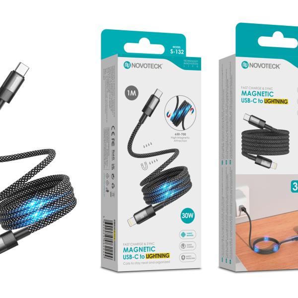 Cabo Magnético USB - C para Lightning Novoteck S - 132 – 30W, 1 Metro, Enrolamento Automático, Revestimento em Tecido, Alta Atração Magnética
