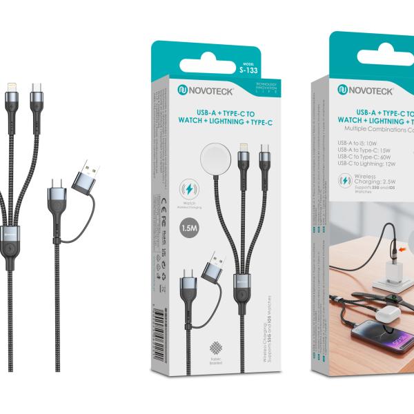Cabo 3 em 1 Novoteck S - 133 – USB - A/Type - C para Watch + Lightning + Type - C, 1.5M, 60W, Carregamento Wireless para Apple Watch e Dispositivos iOS/Android