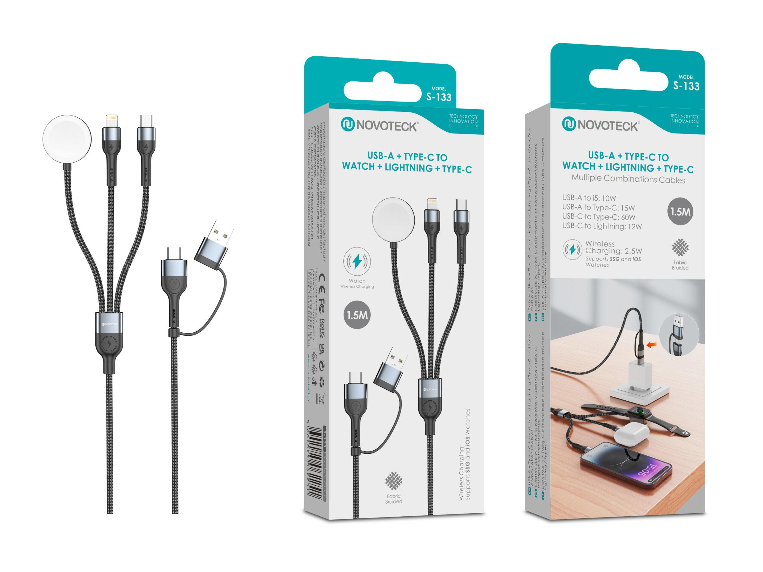 Cabo 3 em 1 Novoteck S - 133 – USB - A/Type - C para Watch + Lightning + Type - C, 1.5M, 60W, Carregamento Wireless para Apple Watch e Dispositivos iOS/Android