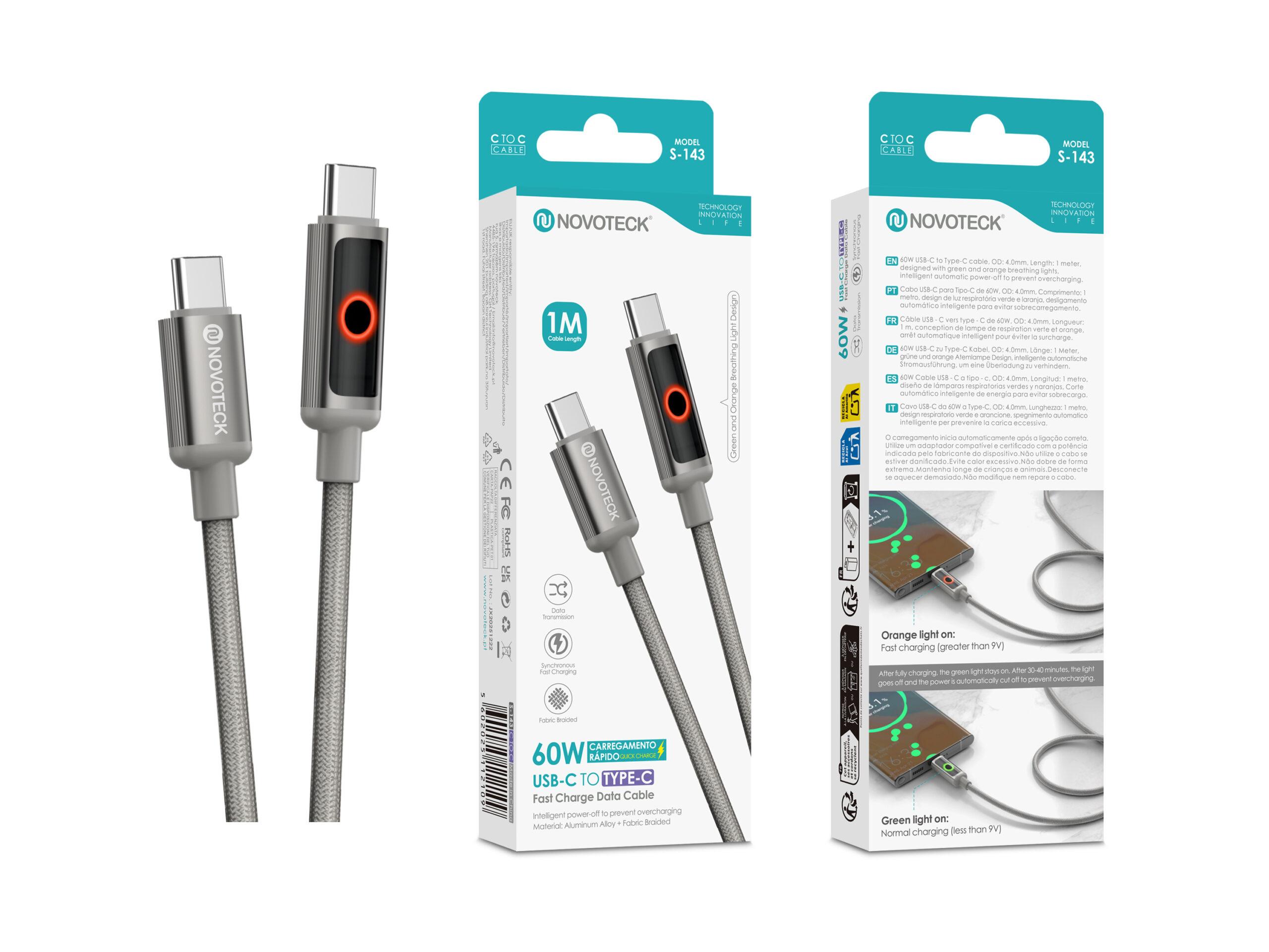Cabo USB - C para USB - C NOVOTECK S - 143, 60W, 1M, com Luz Indicadora, Carregamento Rápido e Transferência de Dados