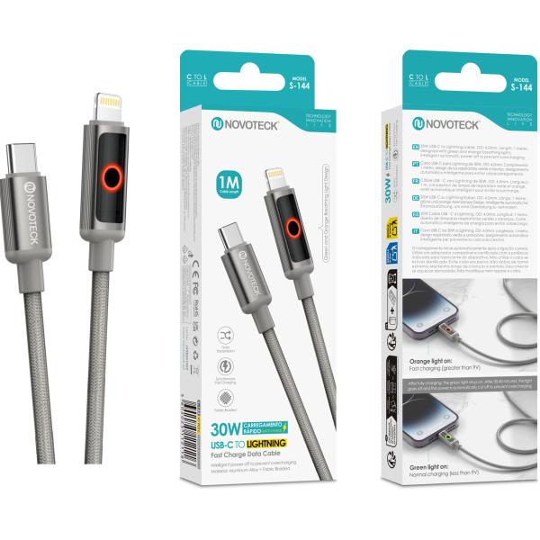 Cabo USB - C para Lightning NOVOTECK S - 144, 30W, 1M, com Luz Indicadora, Carregamento Rápido e Transferência de Dados
