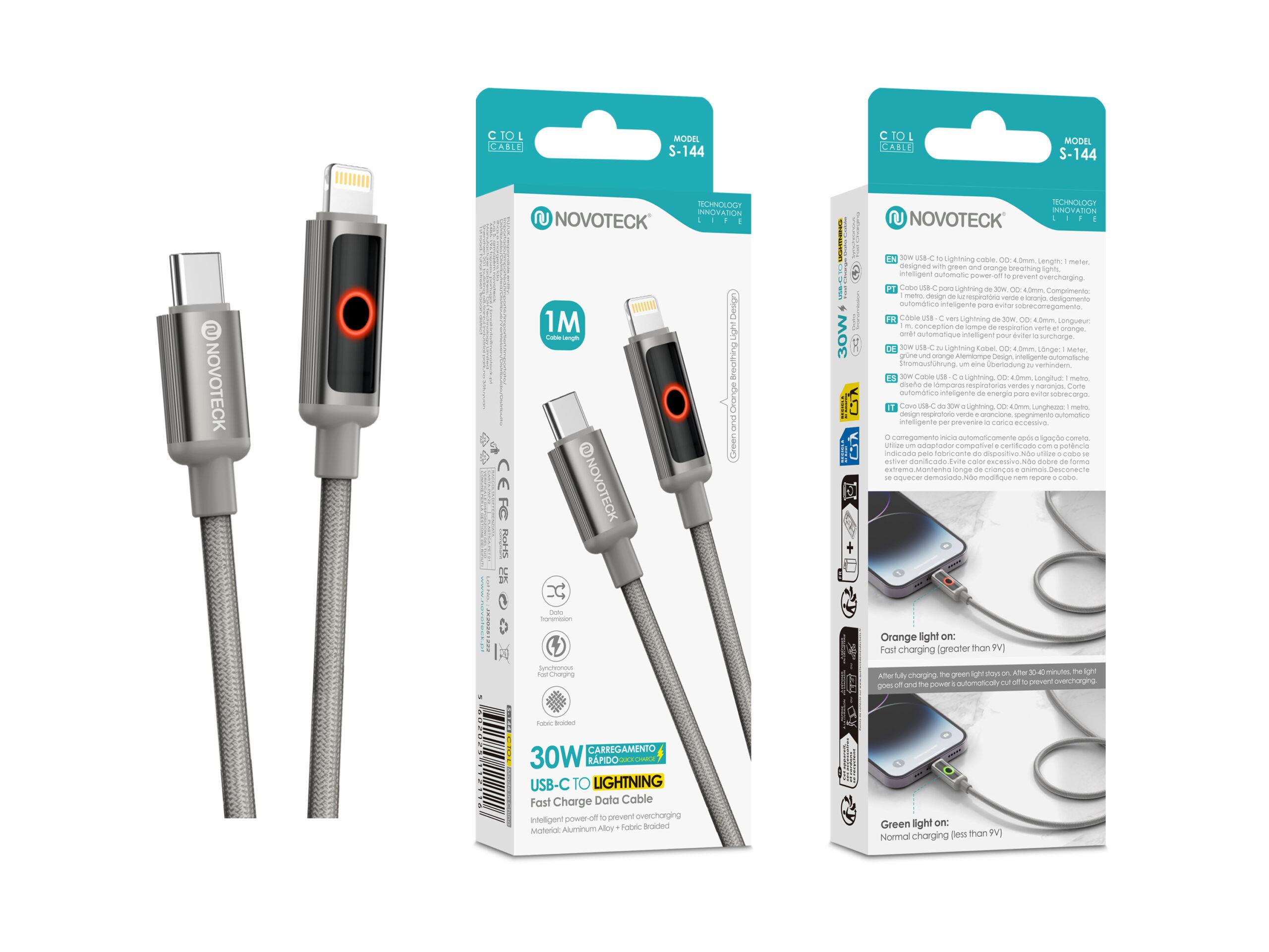Cabo USB - C para Lightning NOVOTECK S - 144, 30W, 1M, com Luz Indicadora, Carregamento Rápido e Transferência de Dados