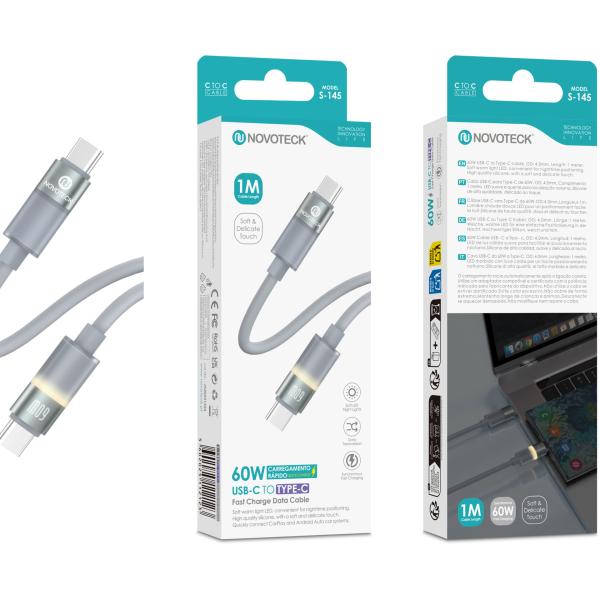 Cabo USB - C para USB - C NOVOTECK S - 145, 60W, 1M, com Luz LED Suave, Carregamento Rápido e Transferência de Dados