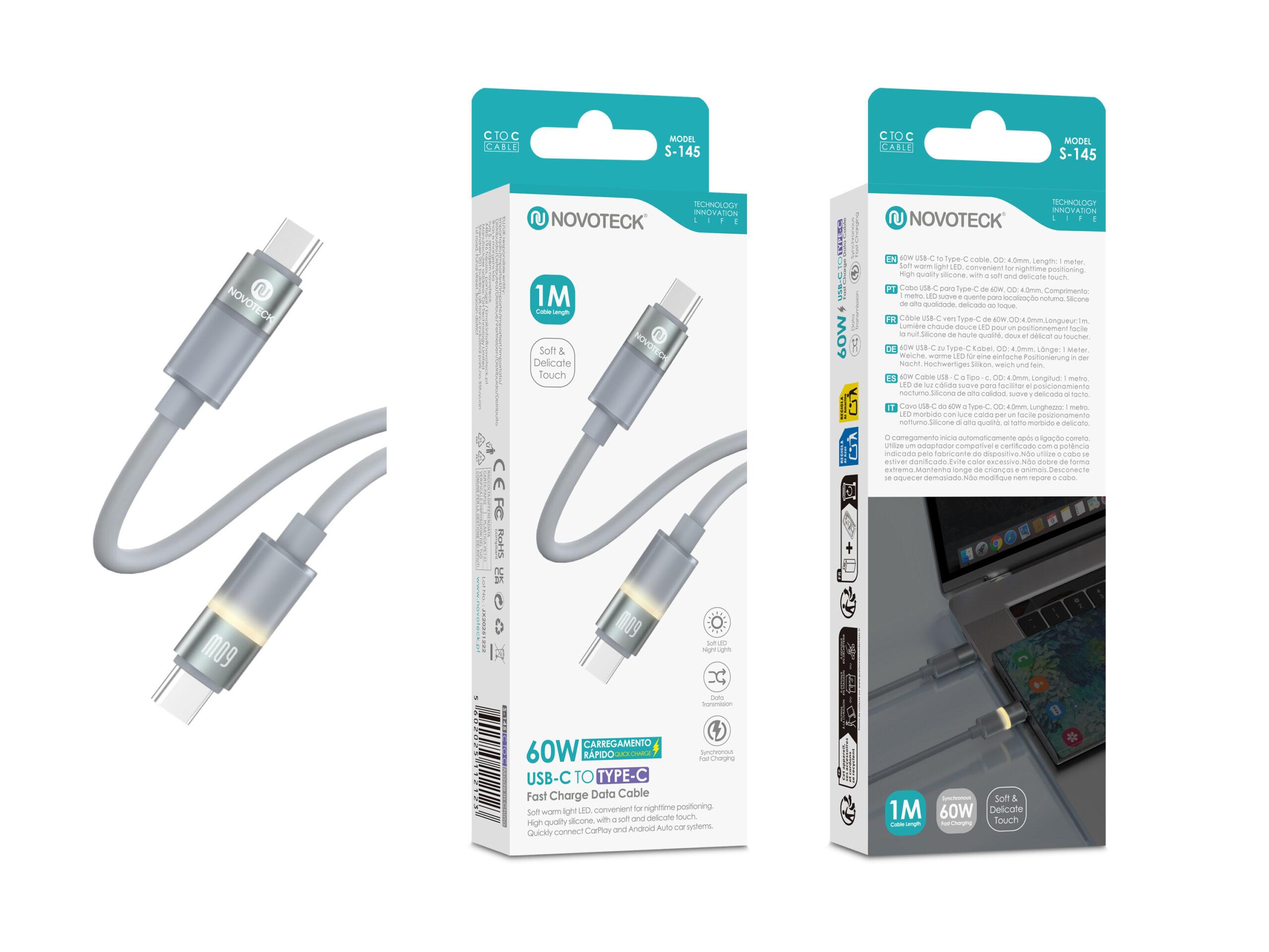 Cabo USB - C para USB - C NOVOTECK S - 145, 60W, 1M, com Luz LED Suave, Carregamento Rápido e Transferência de Dados