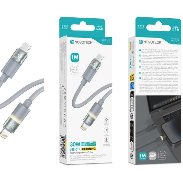 Cabo USB - C para Lightning NOVOTECK S - 146, 30W, 1M, com Luz LED Suave, Carregamento Rápido e Transferência de Dados