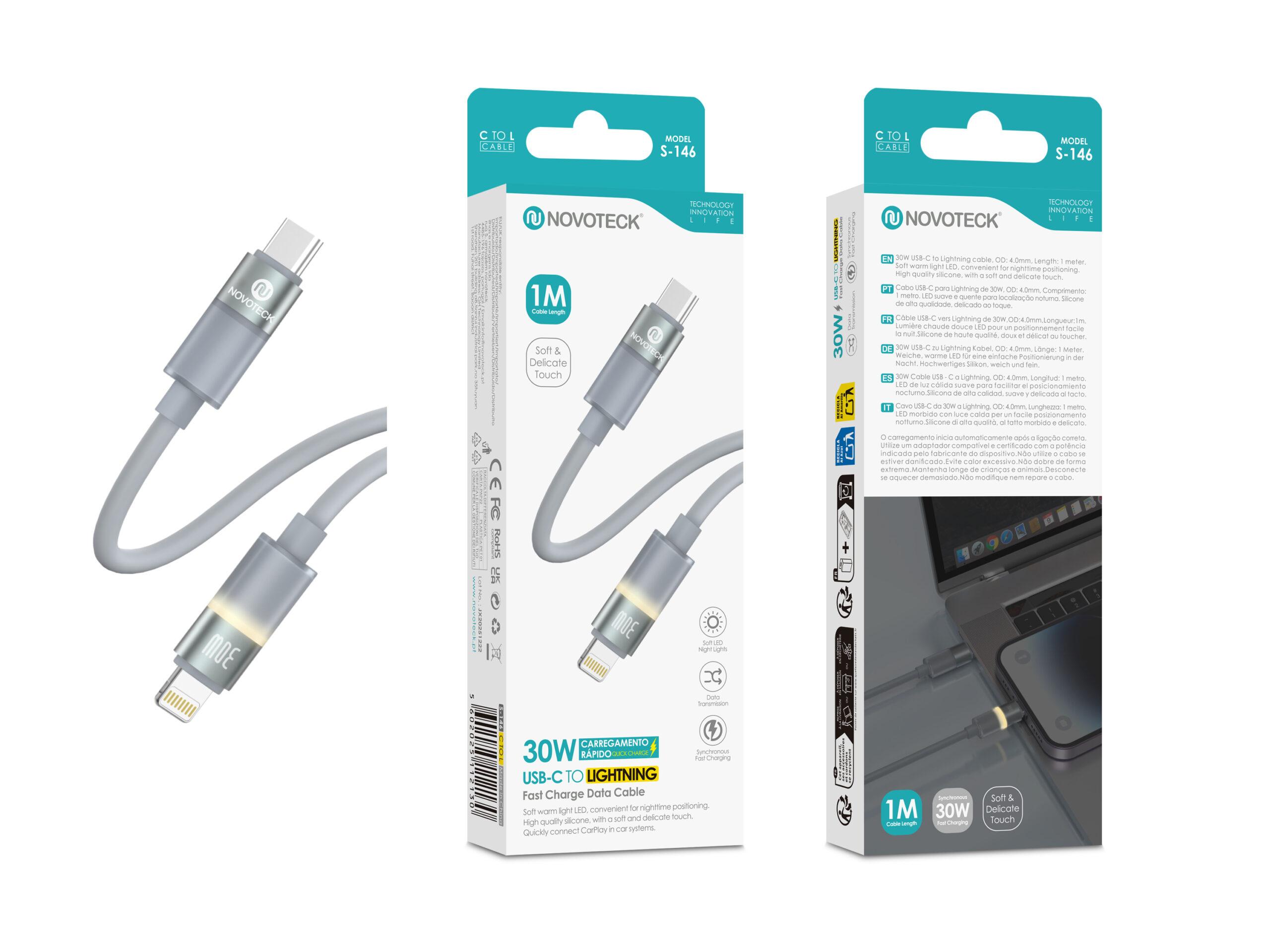 Cabo USB - C para Lightning NOVOTECK S - 146, 30W, 1M, com Luz LED Suave, Carregamento Rápido e Transferência de Dados