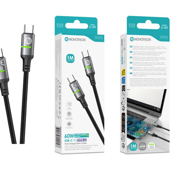 Cabo USB - C para USB - C NOVOTECK S - 147, 60W, 1M, com Luz Indicadora Verde, Carregamento Rápido e Transferência de Dados
