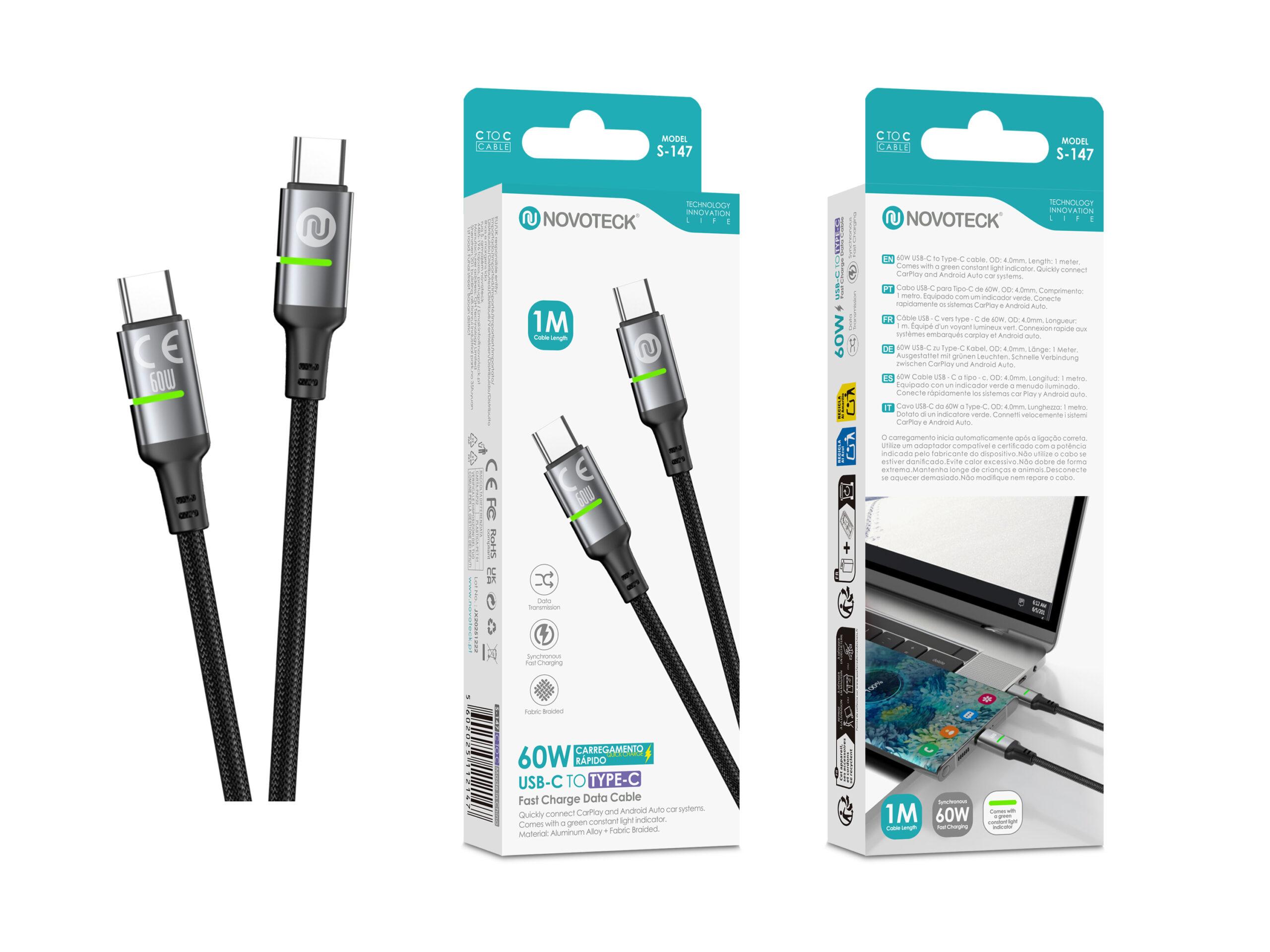 Cabo USB - C para USB - C NOVOTECK S - 147, 60W, 1M, com Luz Indicadora Verde, Carregamento Rápido e Transferência de Dados