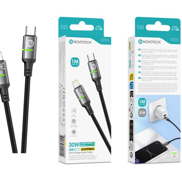 Cabo USB - C para Lightning NOVOTECK S - 148, 30W, 1M, com Luz Indicadora Verde, Carregamento Rápido e Transferência de Dados