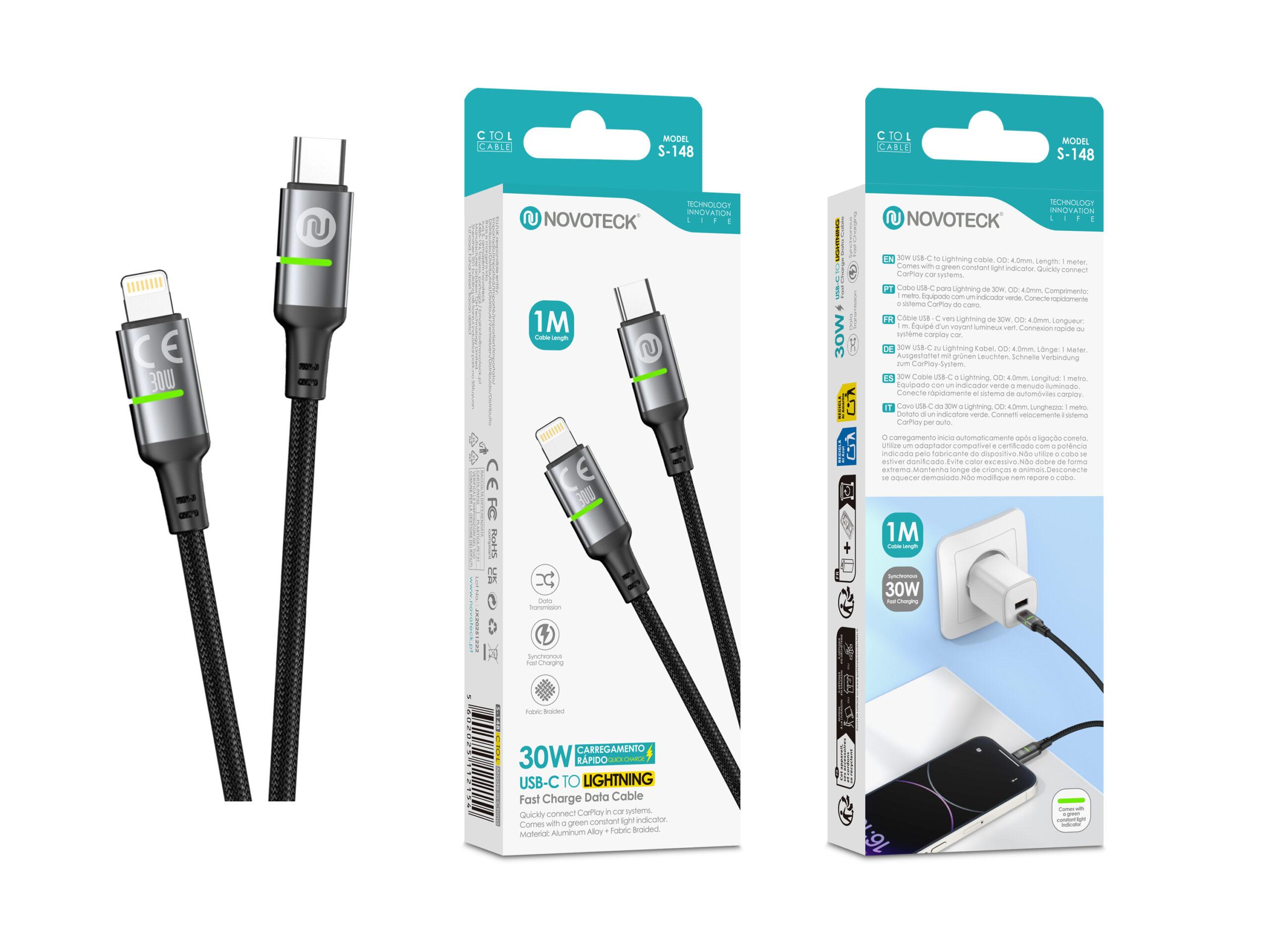 Cabo USB - C para Lightning NOVOTECK S - 148, 30W, 1M, com Luz Indicadora Verde, Carregamento Rápido e Transferência de Dados