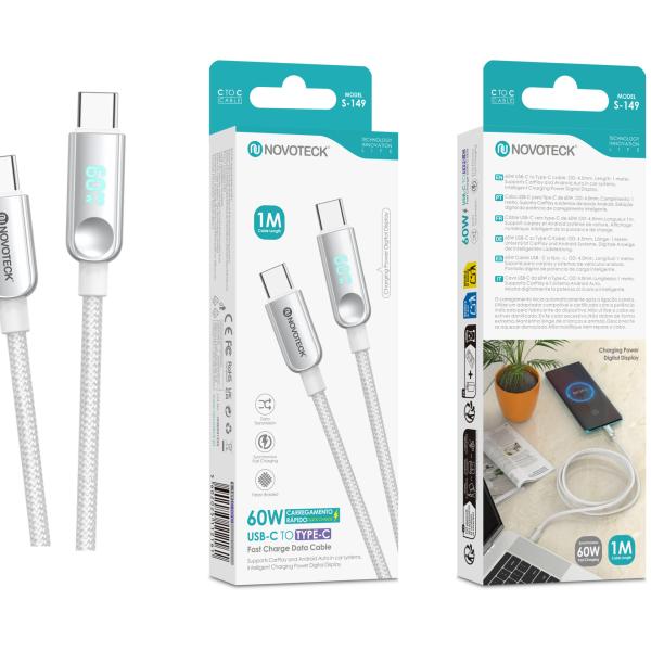 Cabo USB - C para USB - C NOVOTECK S - 149, 60W, 1M, com Visor Digital de Potência, Carregamento Rápido e Transferência de Dados