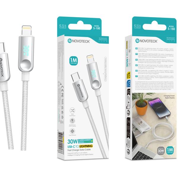 Cabo USB - C para Lightning NOVOTECK S - 150, 30W, 1M, com Visor Digital de Potência, Carregamento Rápido e Transferência de Dados
