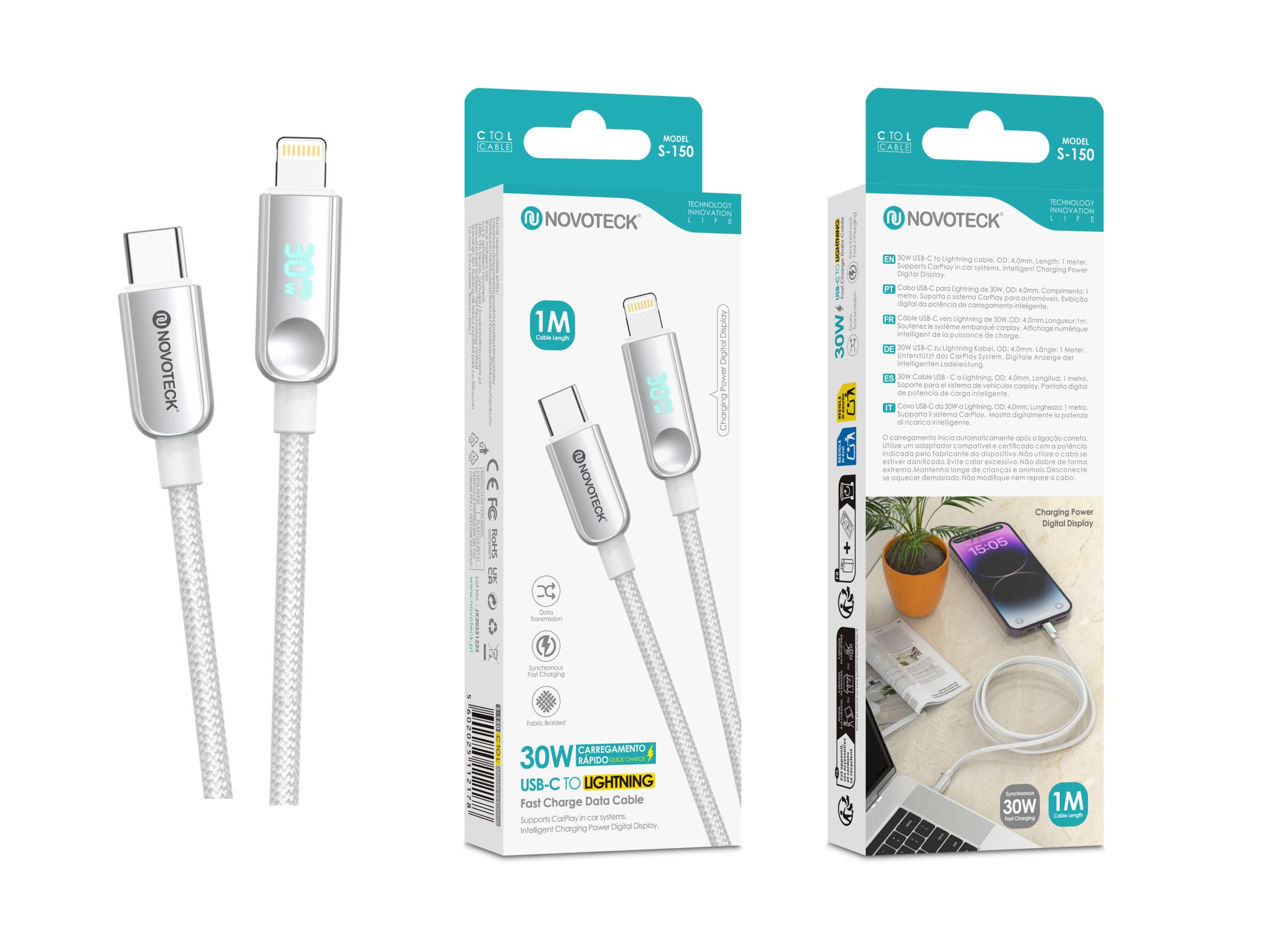 Cabo USB - C para Lightning NOVOTECK S - 150, 30W, 1M, com Visor Digital de Potência, Carregamento Rápido e Transferência de Dados