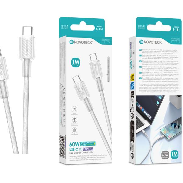 Cabo USB - C para USB - C NOVOTECK S - 151 Preto, 60W, 1M, Design Transparente, Carregamento Rápido e Transferência de Dados