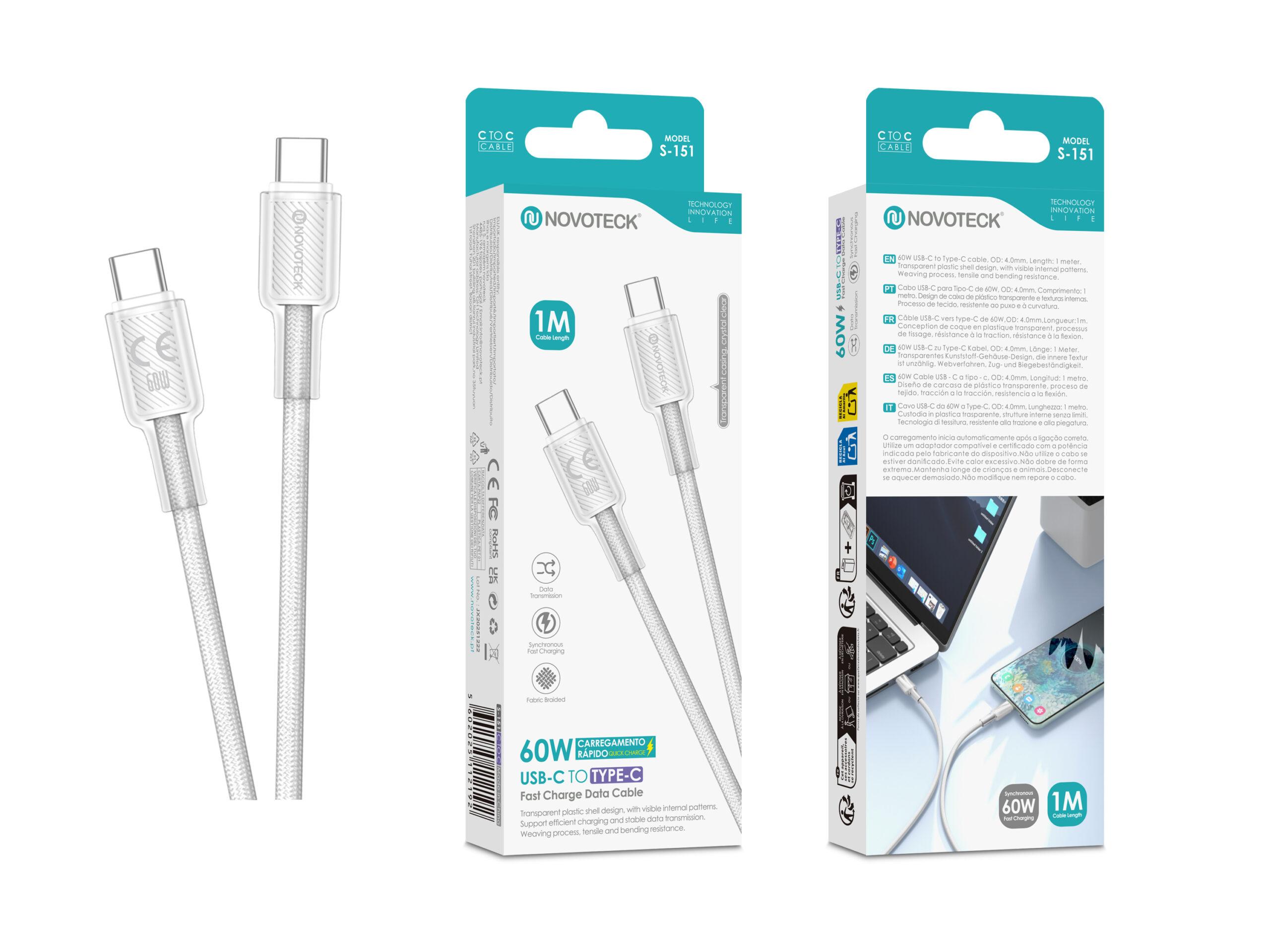 Cabo USB - C para USB - C NOVOTECK S - 151 Preto, 60W, 1M, Design Transparente, Carregamento Rápido e Transferência de Dados