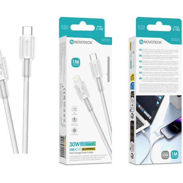 Cabo USB - C para Lightning NOVOTECK S - 152 Preto, 30W, 1M, Design Transparente, Carregamento Rápido e Transferência de Dados