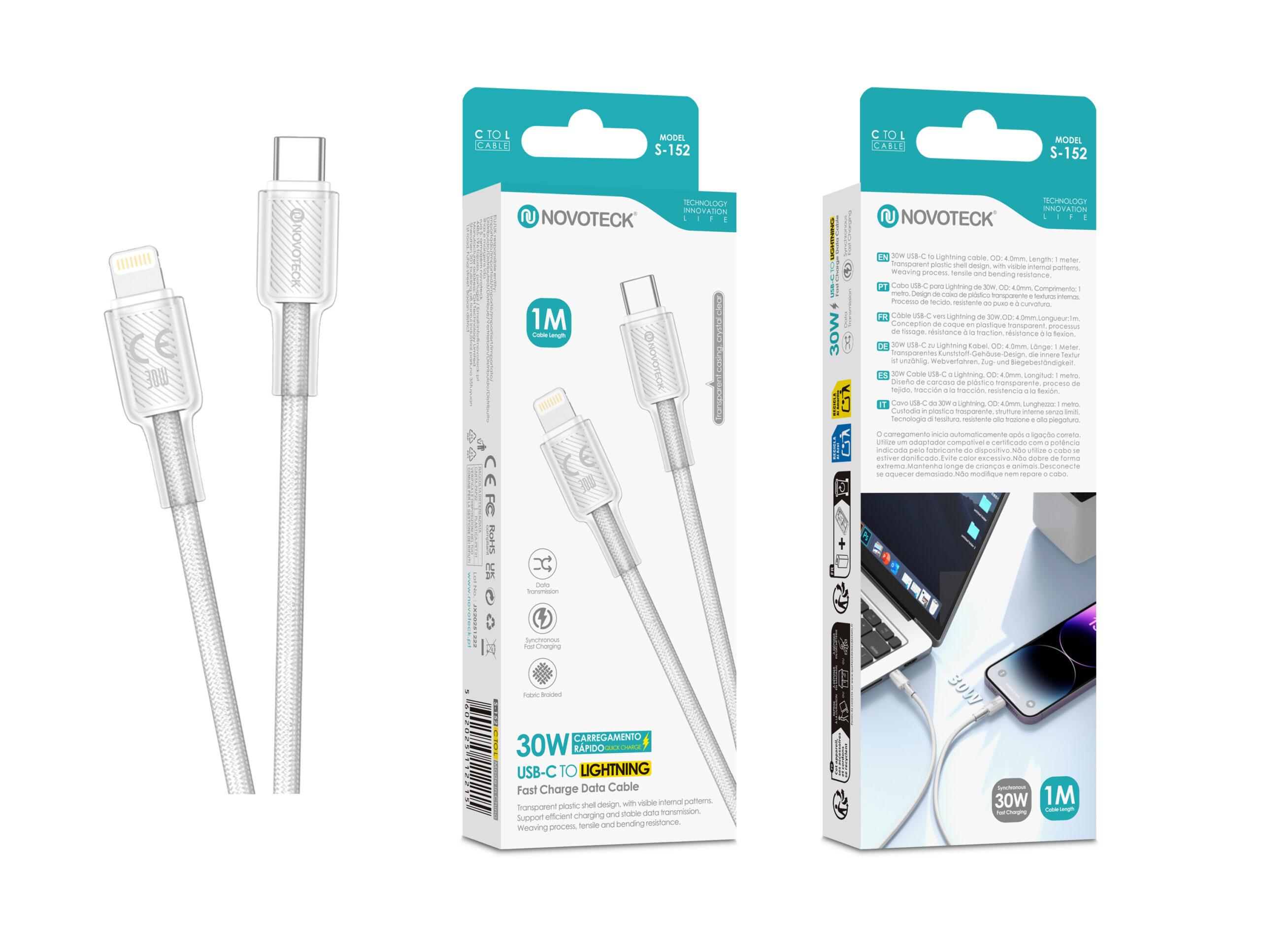 Cabo USB - C para Lightning NOVOTECK S - 152 Preto, 30W, 1M, Design Transparente, Carregamento Rápido e Transferência de Dados