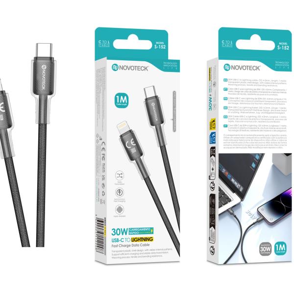 Cabo USB - C para Lightning NOVOTECK S - 152 Branco, 30W, 1M, Design Transparente, Carregamento Rápido e Transferência de Dados