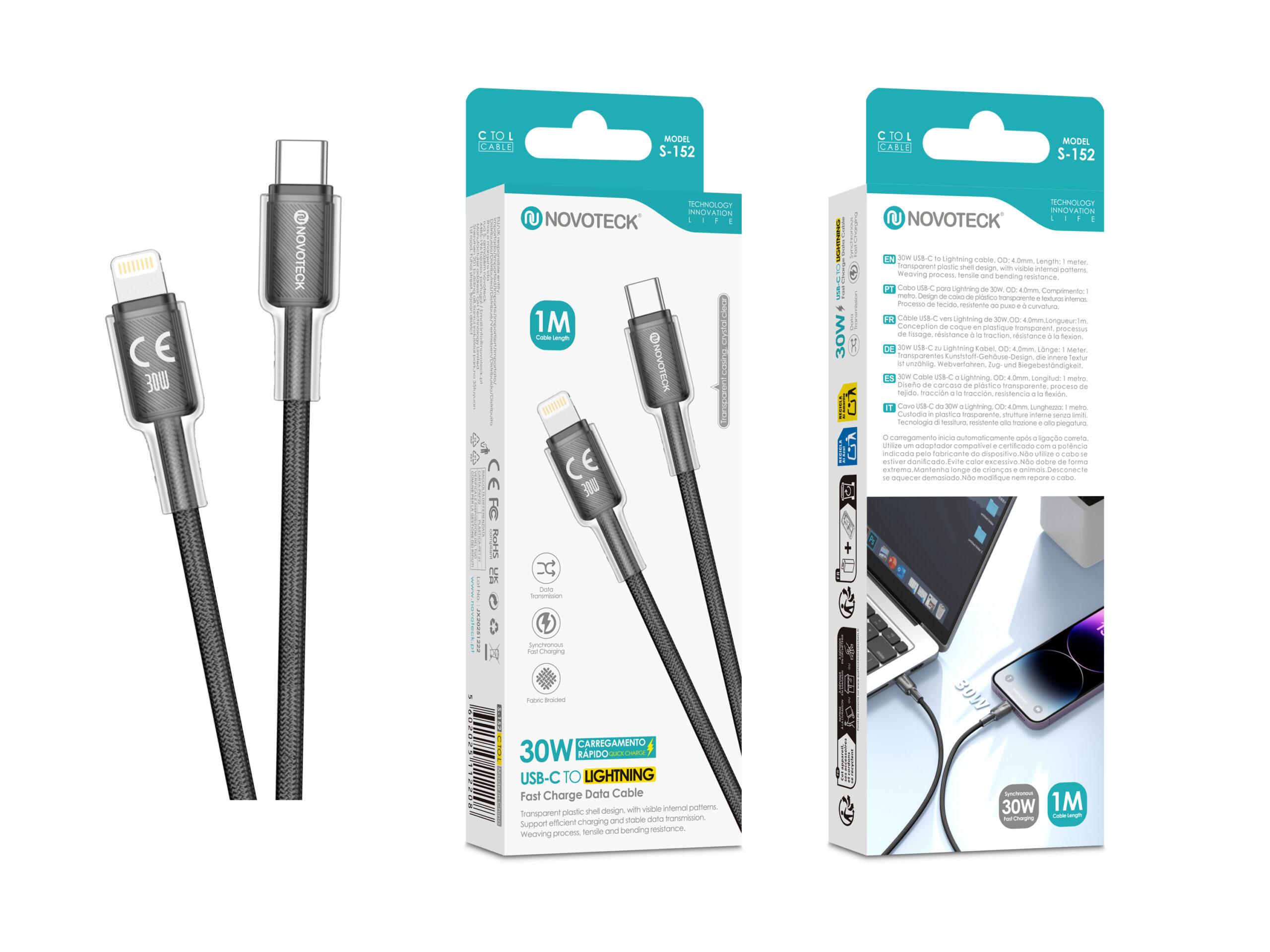 Cabo USB - C para Lightning NOVOTECK S - 152 Branco, 30W, 1M, Design Transparente, Carregamento Rápido e Transferência de Dados