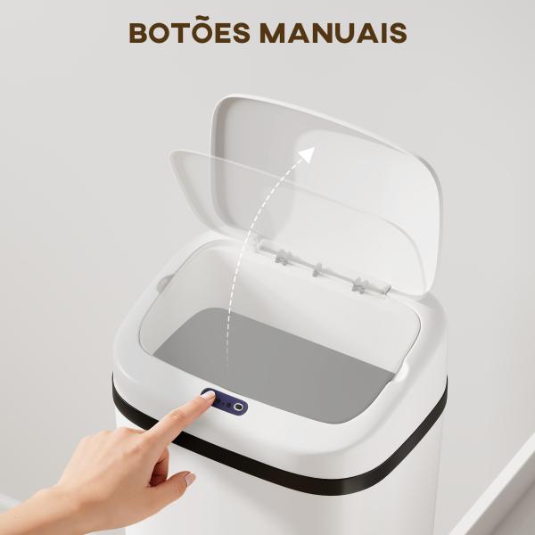Balde de Lixo Automático 50L Estreito em Aço Inoxidável com Sensor Infravermelhos Modo Manual 33x25x84 cm Branco