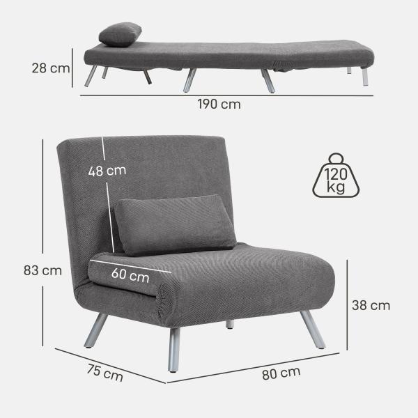 Sofá Cama de Uma Praça Dobrável Revestido em Tecido Cinzento Mesclado com Encosto Ajustável em 5 Níveis 80x75x83 cm