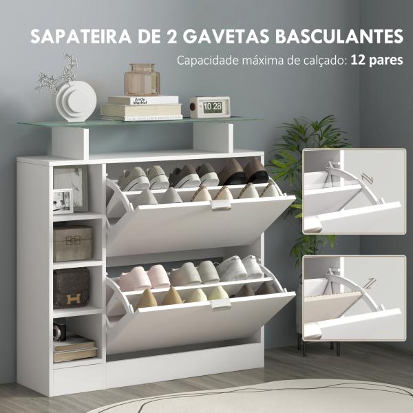 Sapateiro com Gavetas Basculantes, Prateleiras Ajustáveis e Prateleiras Abertas para 12 Pares de Sapatos 89x25x92 cm Branco