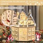 Calendário do Advento de Natal em Madeira Reutilizável com Luzes LED 24 Gavetas Cena de Aldeia 25x20x29 cm Natural