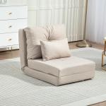 Sofá - Cama Individual Dobrável Estofado em Linho com Encosto Ajustável 5 Posições e 1 Almofada Bege