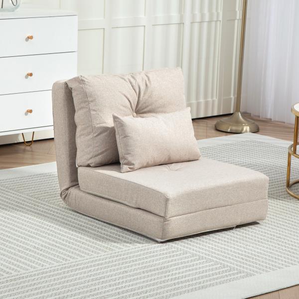 Sofá - Cama Individual Dobrável Estofado em Linho com Encosto Ajustável 5 Posições e 1 Almofada Bege