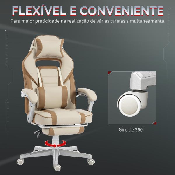 Cadeira Gamer Reclinável com Altura Ajustável Apoio para Pés Retrátil Suporte Lombar e Almofada de Cabeça Removível Creme