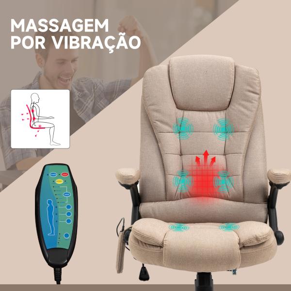 Cadeira de Escritório com Massagem 6 Pontos Reclinável até 130° com Função de Aquecimento 67x74x107 - 116 cm Castanho Claro