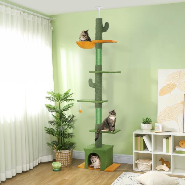 Arranhador para Gatos de Chão a Teto de 230 - 275 cm com Altura Ajustável Postes de Sisal e Bola de Brincar Verde