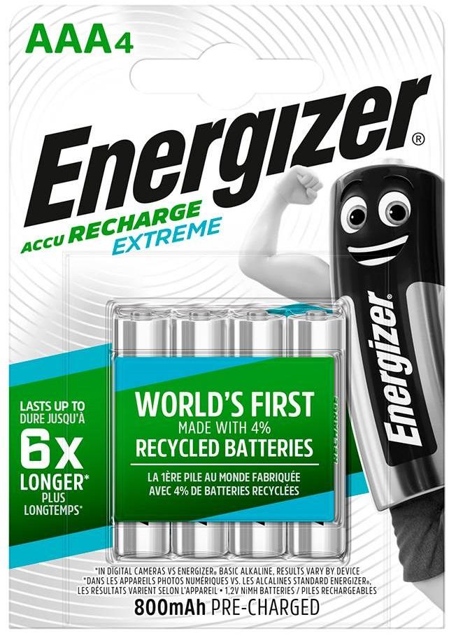 Blister 4x Pilhas Recarregáveis AAA 800mAh 1,2V Accu Recharge Extreme LR03 - ENERGIZER