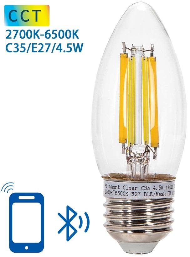Lâmpada LED Inteligente E27 C35 Filamento Mesh Bluetooth 220V 4,5W 2700K~6500K 470Lm (Transparente)