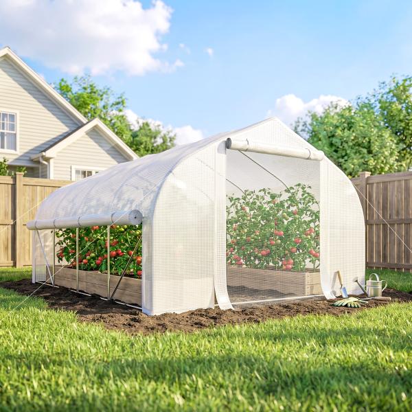 Estufa Tipo Túnel 395x300x200 cm com Porta de Malha e 8 Janelas Estufa de Jardim com Cobertura de PE Branco