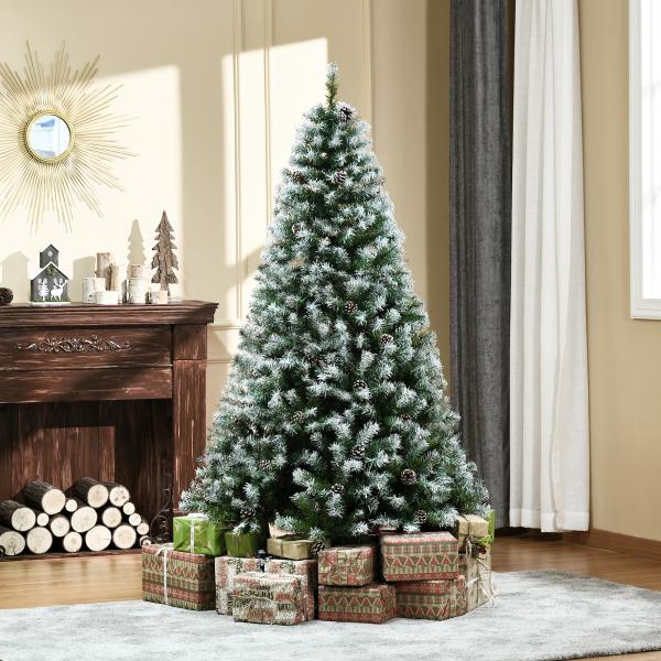 Árvore de Natal Artificial 180cm com 800 Ramos e 61 Pinhas Folhas de PVC com Efeito Neve Base Dobrável Verde